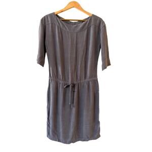 James Perse Boat Neck Blouson Shift Dress 2 Gray Drawstring Waist Half Sleeve